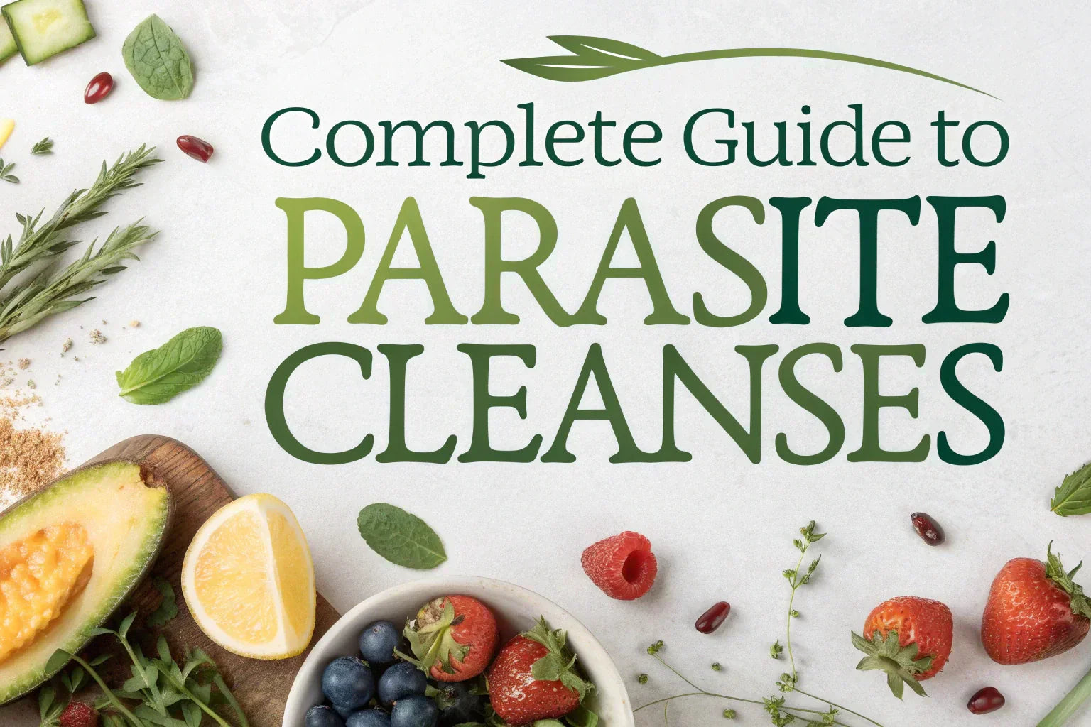 A title graphic that reads "Complete Guide to Parasite Cleanses," surrounded by fresh fruits, vegetables, and herbs like avocado, berries, and rosemary.