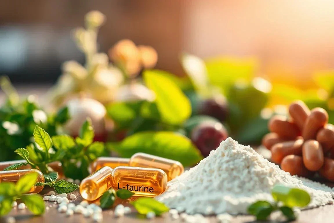 A close-up of L-taurine capsules and a pile of white taurine powder, arranged with fresh green herbs in warm, natural sunlight.