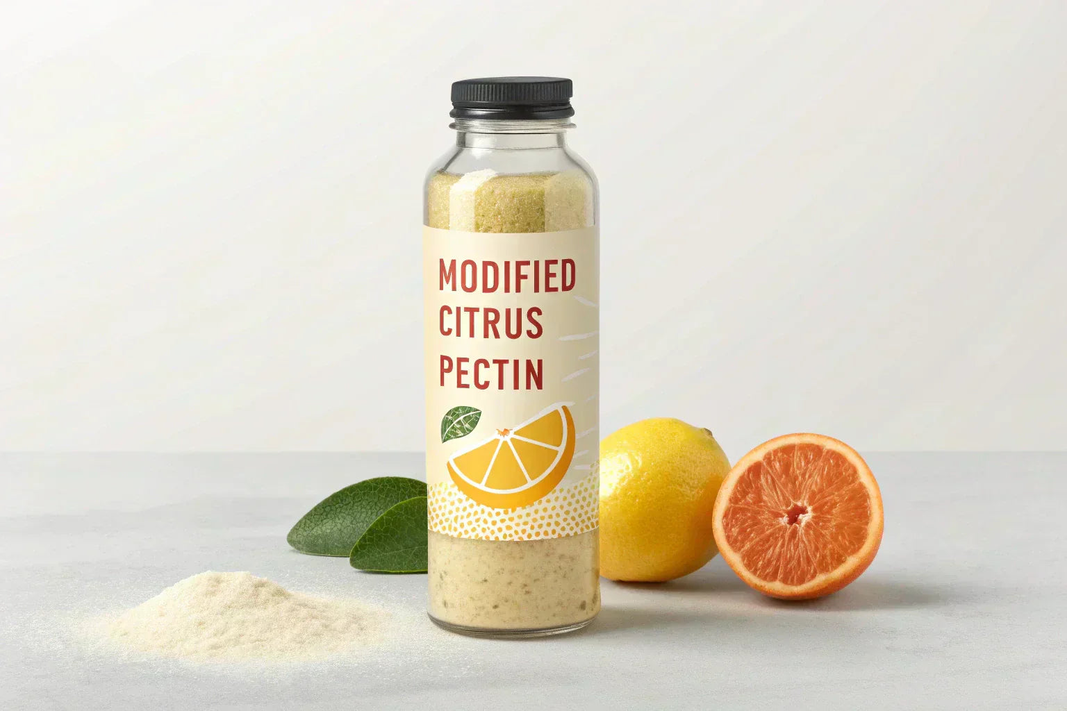 A glass bottle of Modified Citrus Pectin powder, surrounded by fresh citrus fruits like lemon and grapefruit on a clean, light gray surface.