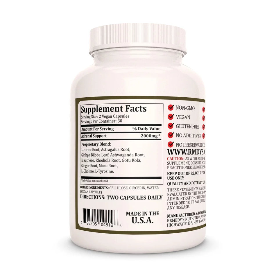 Image of Remedy's Nutrition® Adrenal Support™ back Supplement Facts label, Ingredients: Ashwagandha, Rhodiola, Maca, Ginger.