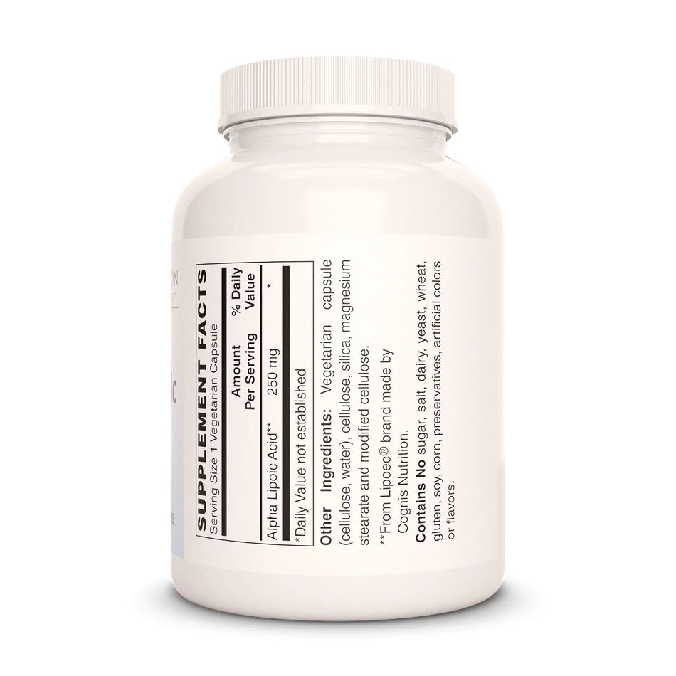 Image of Remedy's Nutrition® Alpha Lipoic Acid back label. Supplement Facts, Contains no fillers, additives. 