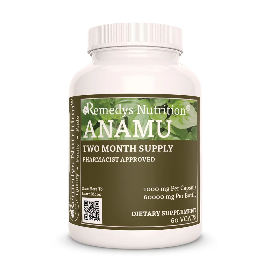 Image of Remedy's Nutrition® Anamu Capsules Dietary Herbal Supplement front bottle. Made in the USA. Petiveria alliacea.