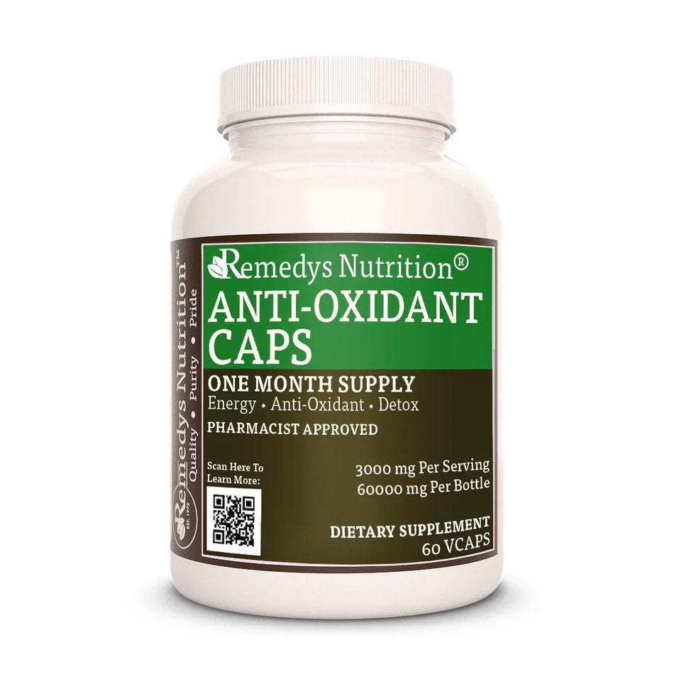 Image of Remedy's Nutrition® Anti-Oxidant™  Caps Dietary Herbal Supplement front bottle. Made in the USA  Green Tea, Oregano
