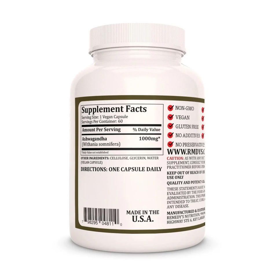 Image of Remedy's Nutrition® Ashwagandha back bottle label. Supplement Facts, Ingredients, Withania somnifera