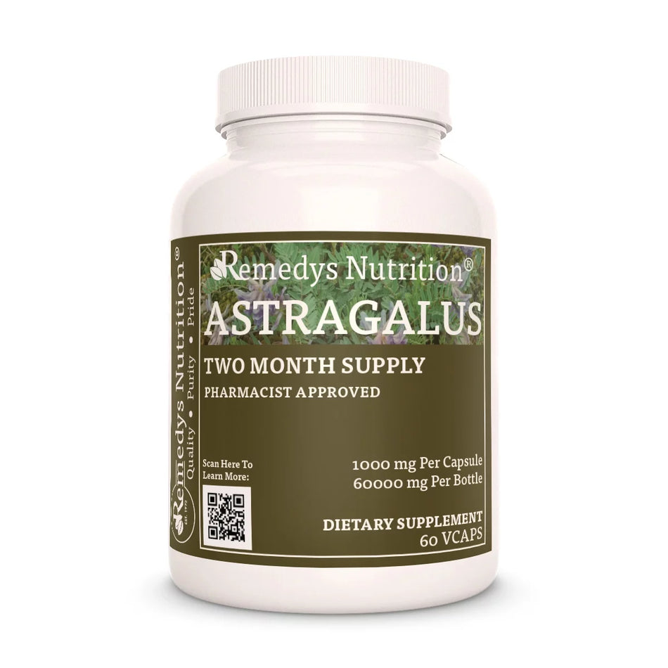 Image of Remedy's Nutrition® Astragalus Capsules Dietary Herbal Supplement front bottle. Made in USA. Astragalus propinquus.