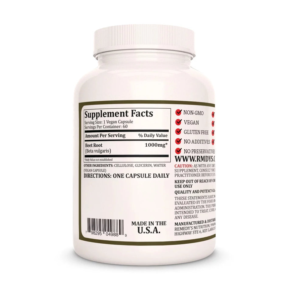 Image of Remedy's Nutrition® Beet Root back bottle label. Supplement Facts, Ingredients and Directions.  Beta vulgaris.