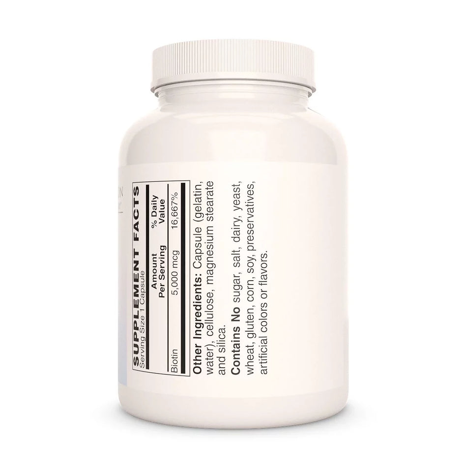 Image of Remedy's Nutrition® Biotin (Vitamin B7) Capsules back label. Supplement Facts, No Additives, No Fillers. 