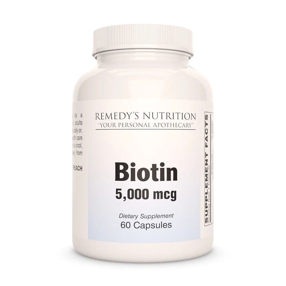 Image of Remedy's Nutrition® Biotin (Vitamin B7) Dietary Supplement Capsules front bottle. 