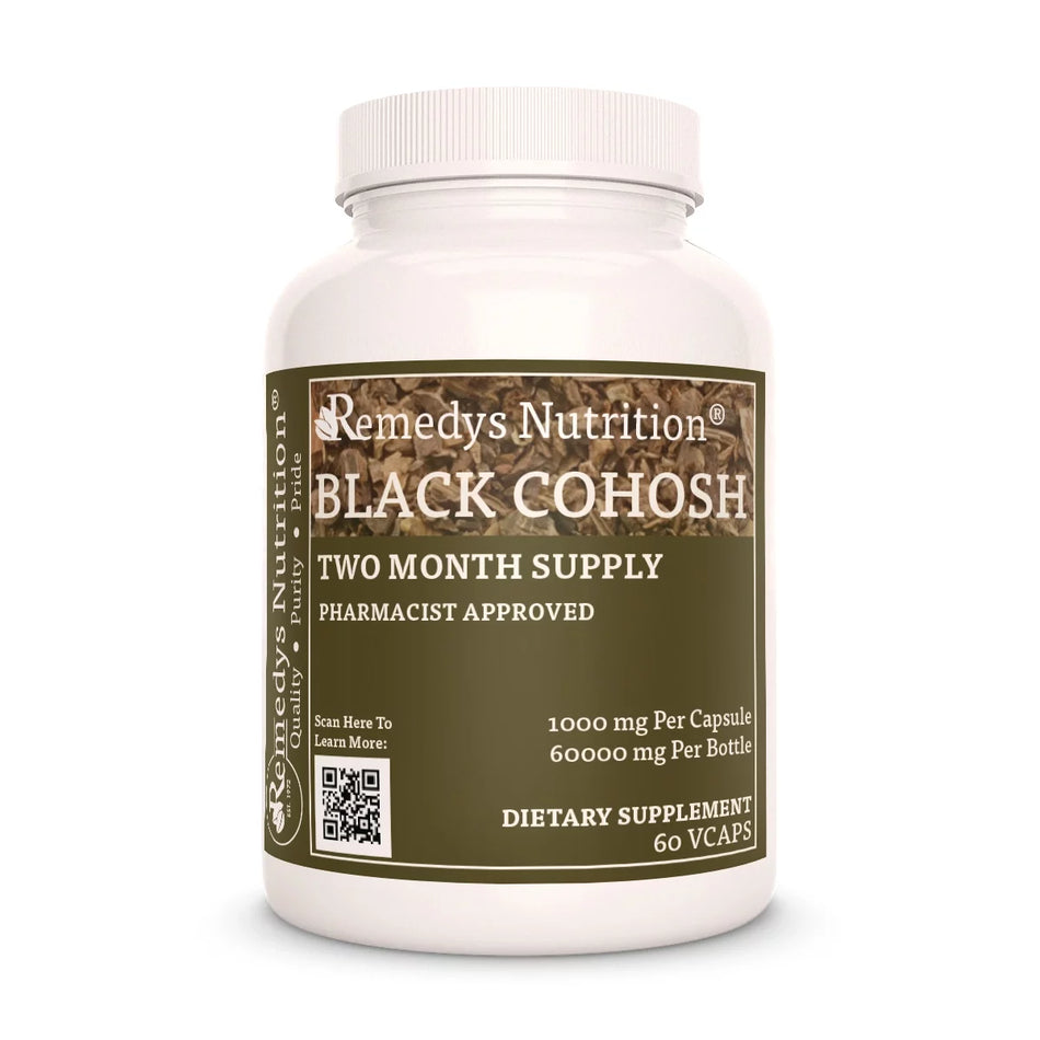 Image of Remedy's Nutrition® Black Cohosh Capsules Dietary Herbal Supplement front bottle. Made in the USA. Actaea racemosa.