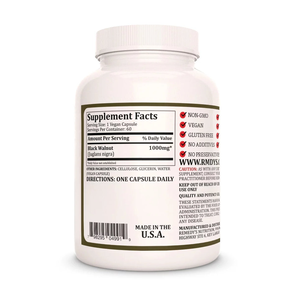 Image of Remedy's Nutrition® Black Walnut back bottle label. Supplement Facts, Ingredients, Juglans nigra.