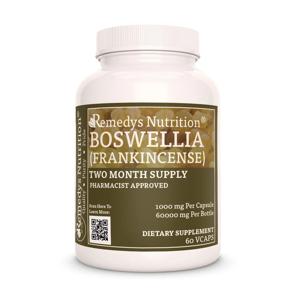 Image of Remedy's Nutrition® Boswellia (Frankincense) Capsules Dietary Herbal Supplement front bottle. Made in the USA.
