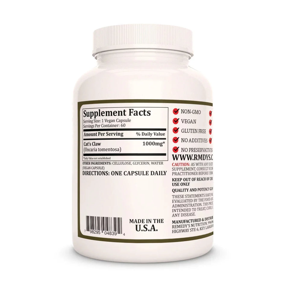 Image of Remedy's Nutrition® Cat's Claw Capsules Dietary Supplement front bottle. Made in the USA.  Uncaria tomentosa.
