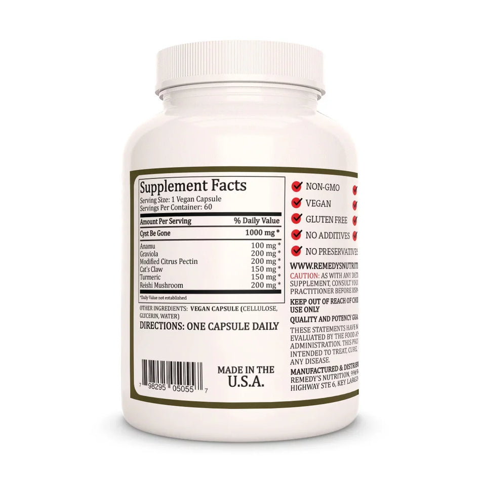 Image of Remedy's Nutrition® Cyst Be Gone back label. Supplement Facts, Ingredients, Graviola, Anamu & Citrus Pectin, Reishi