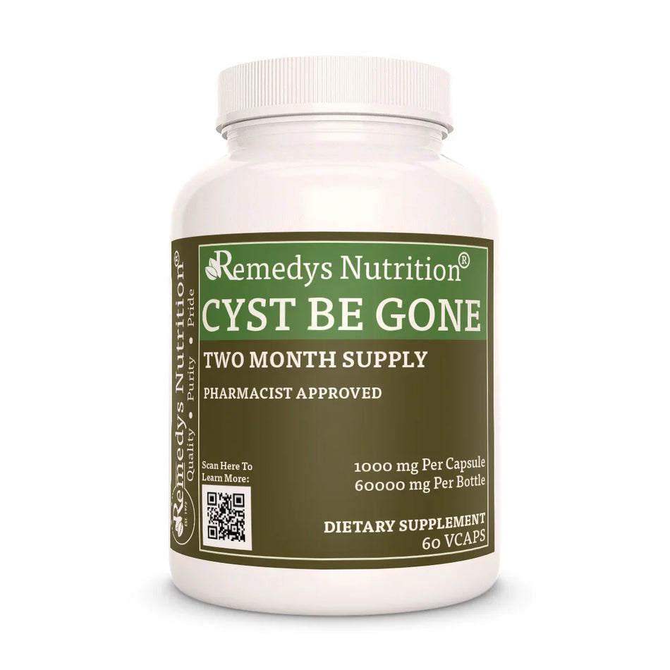 Image of Remedy's Nutrition® Cyst Be Gone™ Capsules Herbal Dietary Supplement front bottle. Made in the USA.