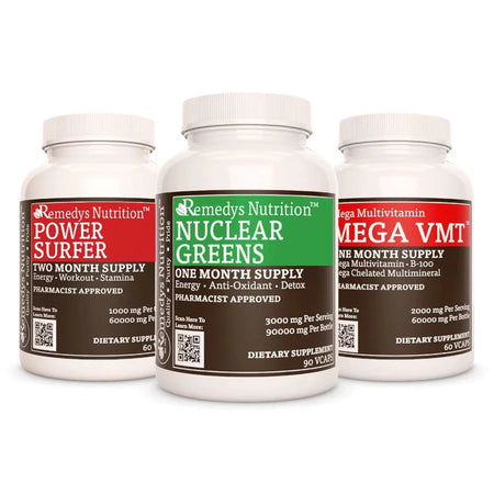 Image of Remedy's Nutrition® Fatigue Power Pack™ Dietary Supplement bottles. Contains Nuclear Greens™ Power Surfer™ Mega VMT™