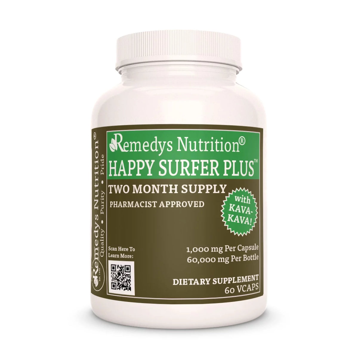 Image of Remedy's Nutrition® Happy Surfer Plus™ Capsules Herbal Supplement front bottle. Made in the USA. GABA, Kava Kava, Gingko.