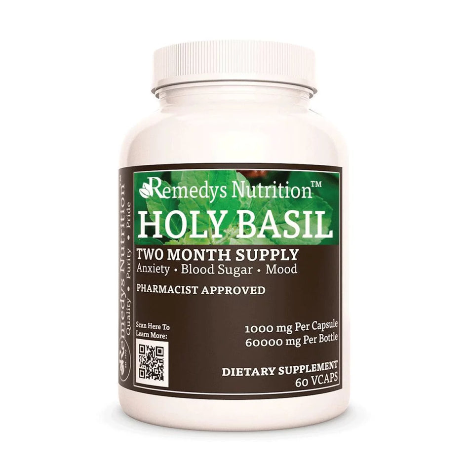 Image of Remedy's Nutrition® Holy Basil Capsules Dietary Herbal Supplement front bottle. Made in the USA.  Ocimum sanctum.