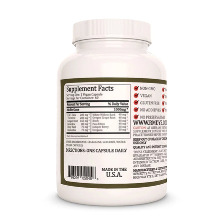 Image of Remedy's Nutrition® Itis Be Gone™ back label. Supplement Facts, Ingredients: Feverfew, Basil, Boswellia, Pau d’Arco