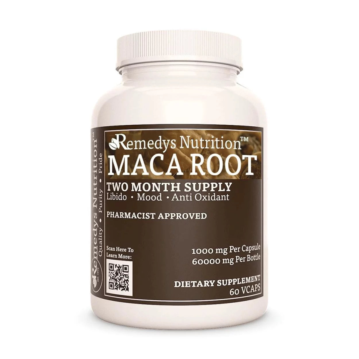 Image of Remedy's Nutrition® Maca Root Capsules Herbal Dietary Supplement front bottle. Made in the USA. Lepidium meyenii.