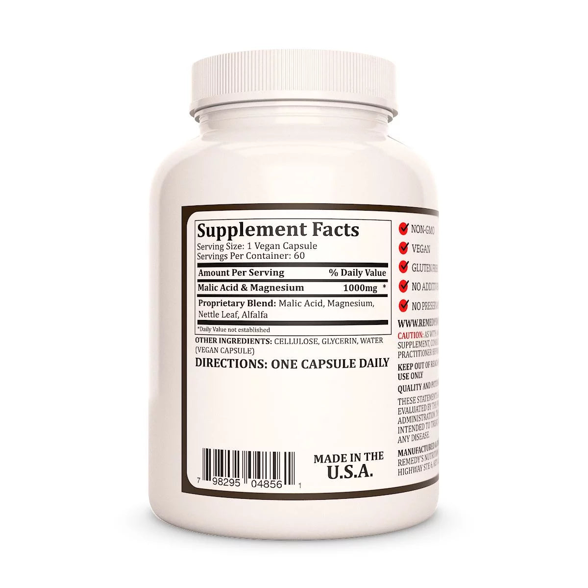 Image of Remedy's Nutrition® Malic Acid & Magnesium back bottle label. Supplement Facts, Ingredients Nettle Leaf, Alfalfa.