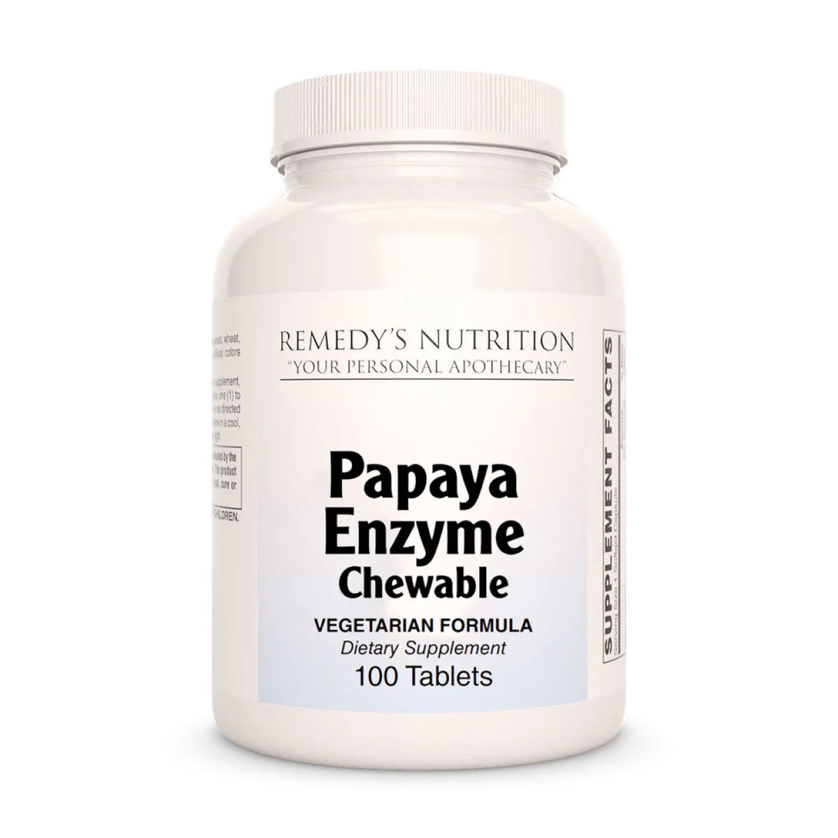 Image of Remedy's Nutrition® Papaya Enzyme Chewable Tablets Dietary Supplement front bottle. 100 Count, No Fillers. 