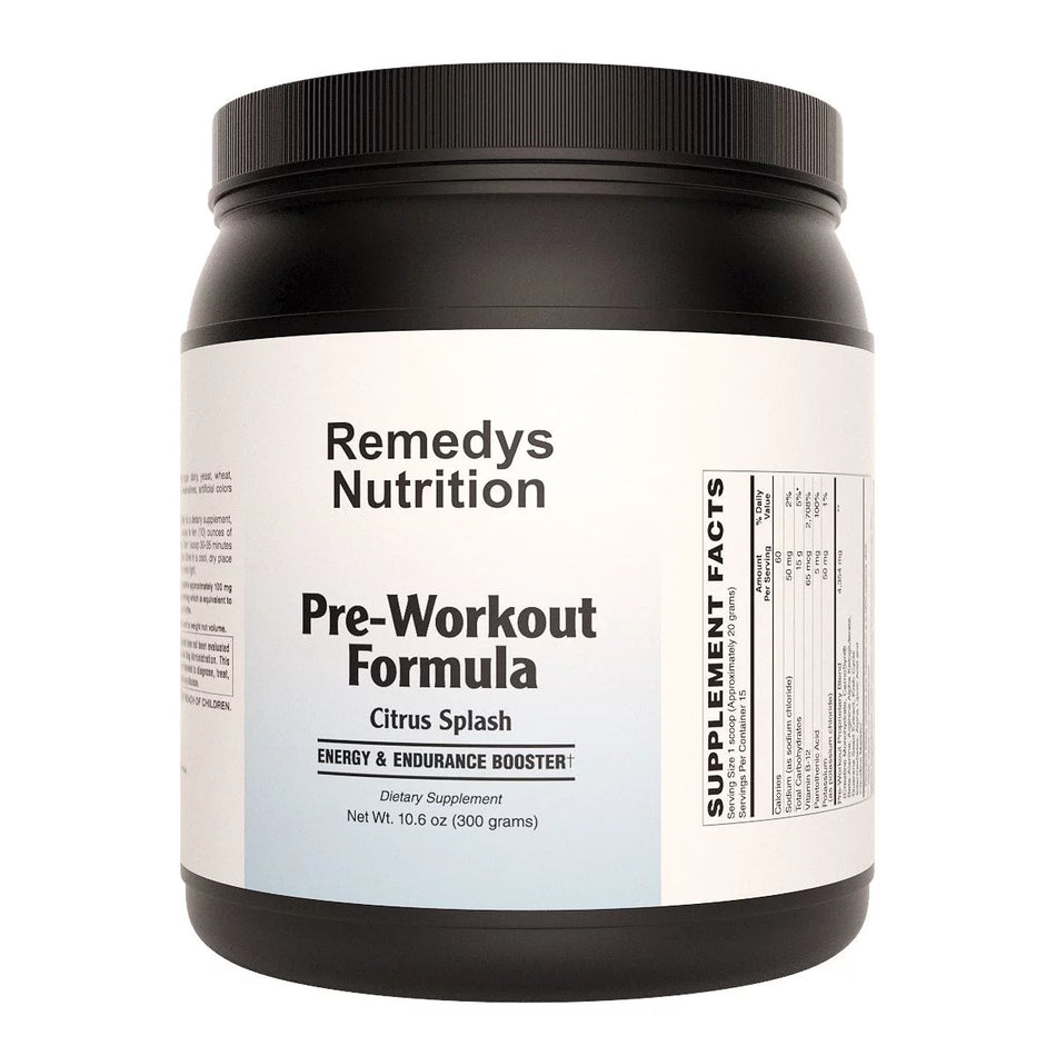 Image of Remedy's Nutrition® Citrus Flavored Pre-Workout Formula Dietary Supplement bottle.  CarnoSyn® amino acid compound.