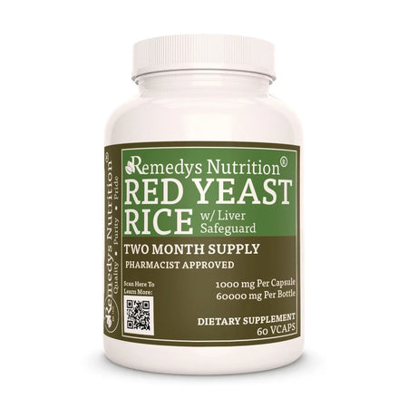 Image of Remedy's Red Yeast Rice w/ Liver Safeguard™ Capsules Herbal Dietary Supplement front bottle. Made USA Milk Thistle.