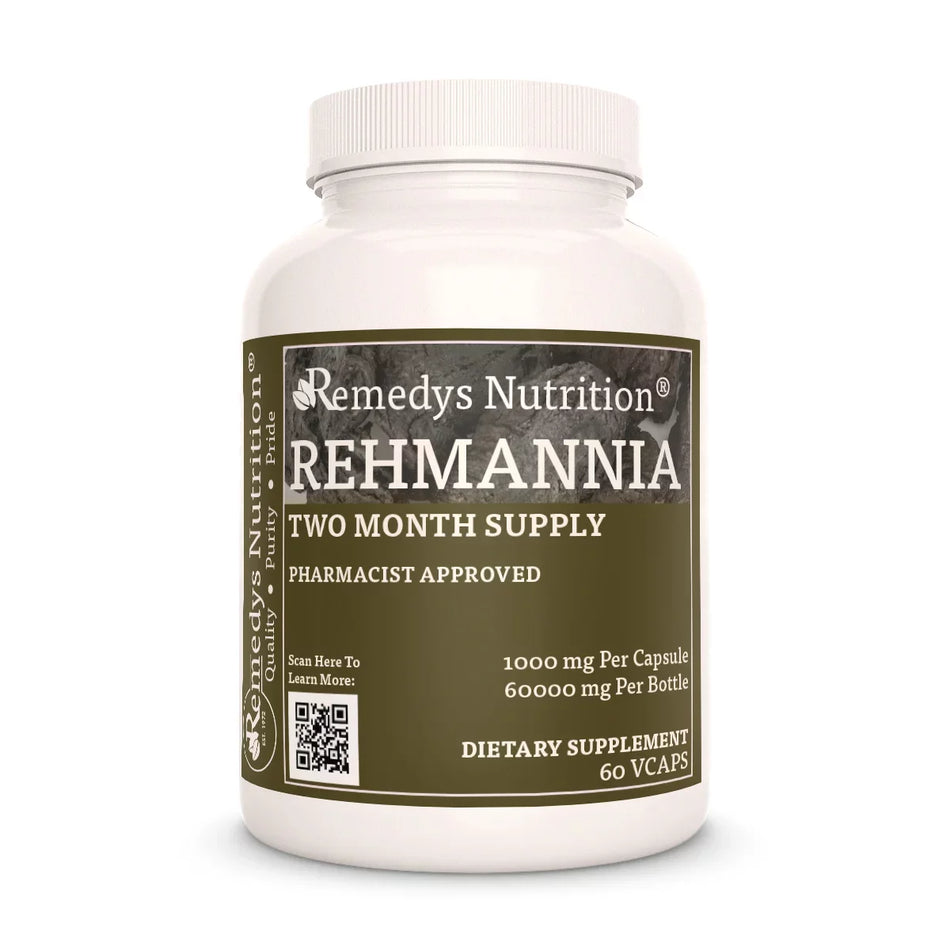 Image of Remedy's Nutrition® Rehmannia Capsules Herbal Dietary Supplement front bottle. Made in the USA. Rehmannia glutinosa.