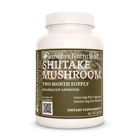 Image of Remedy's Nutrition® Shiitake Mushroom Capsules Herbal Dietary Supplement bottle. Made in the USA. Lentinula edodes.