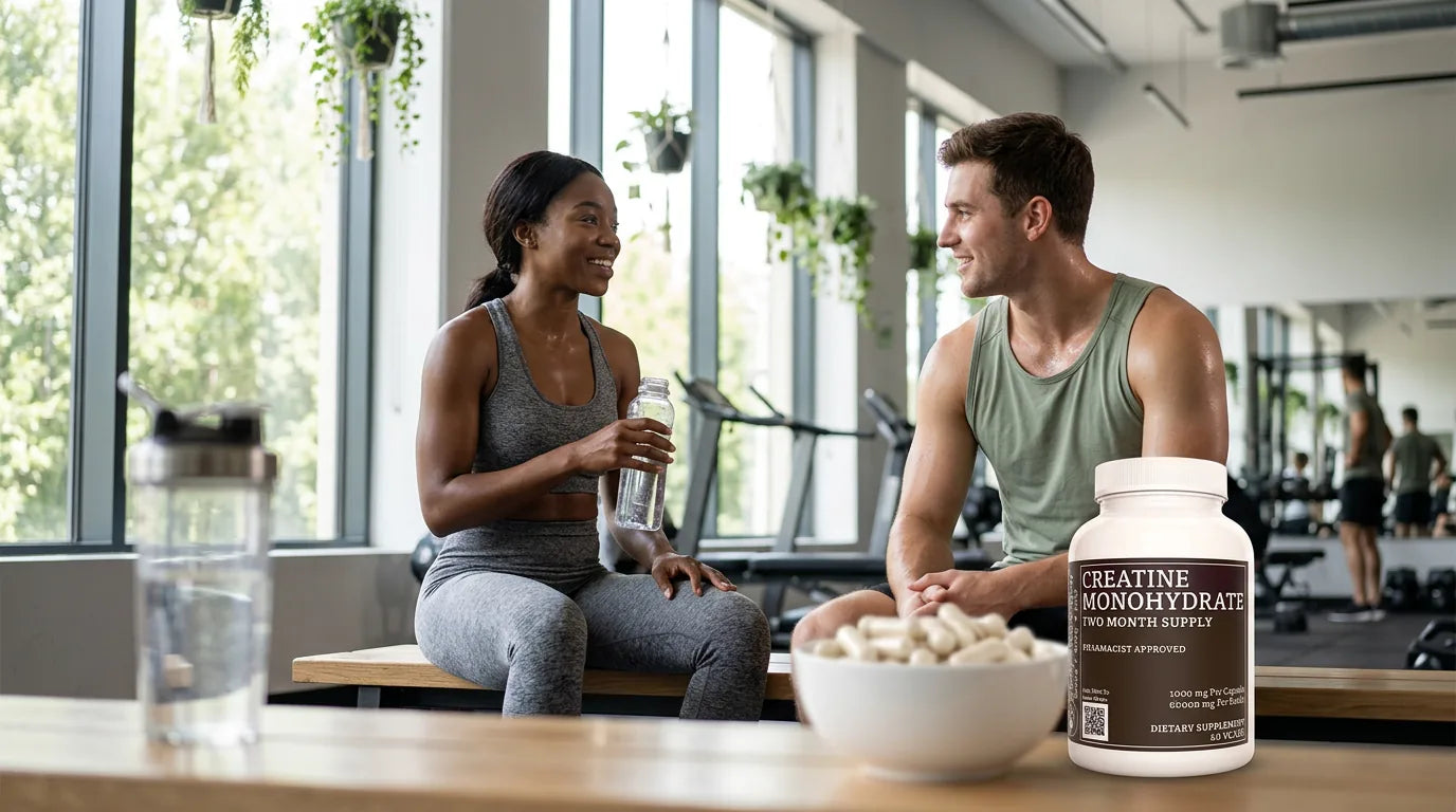 Two people resting between sets in a bright gym with creatine supplement on the bench