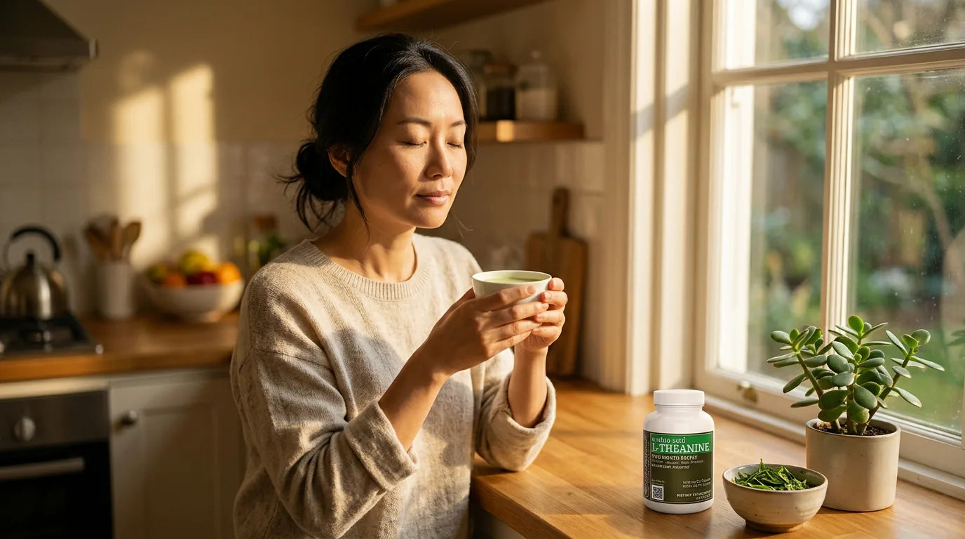 Woman enjoying morning green tea and L-Theanine supplement in sunlit kitchen