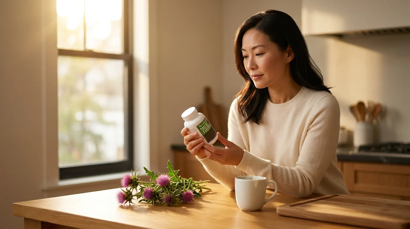 Woman examining milk thistle supplement with fresh thistle plant in sunlit kitchen