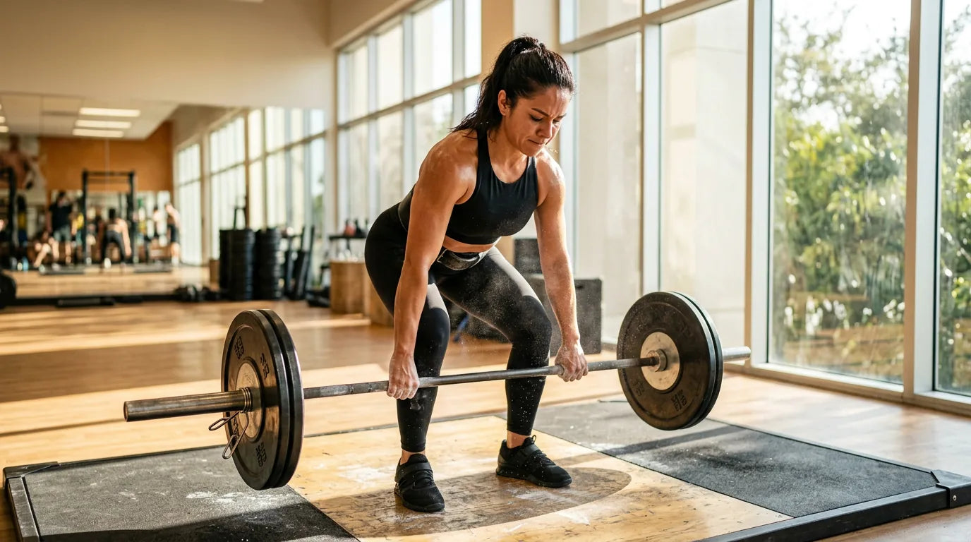 Woman performing a focused deadlift in a bright gym — creatine strength benefits