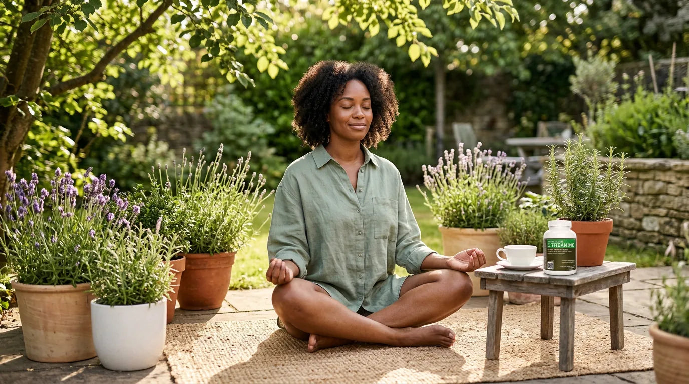 Woman in calm grounding moment outdoors with L-Theanine and herbal tea