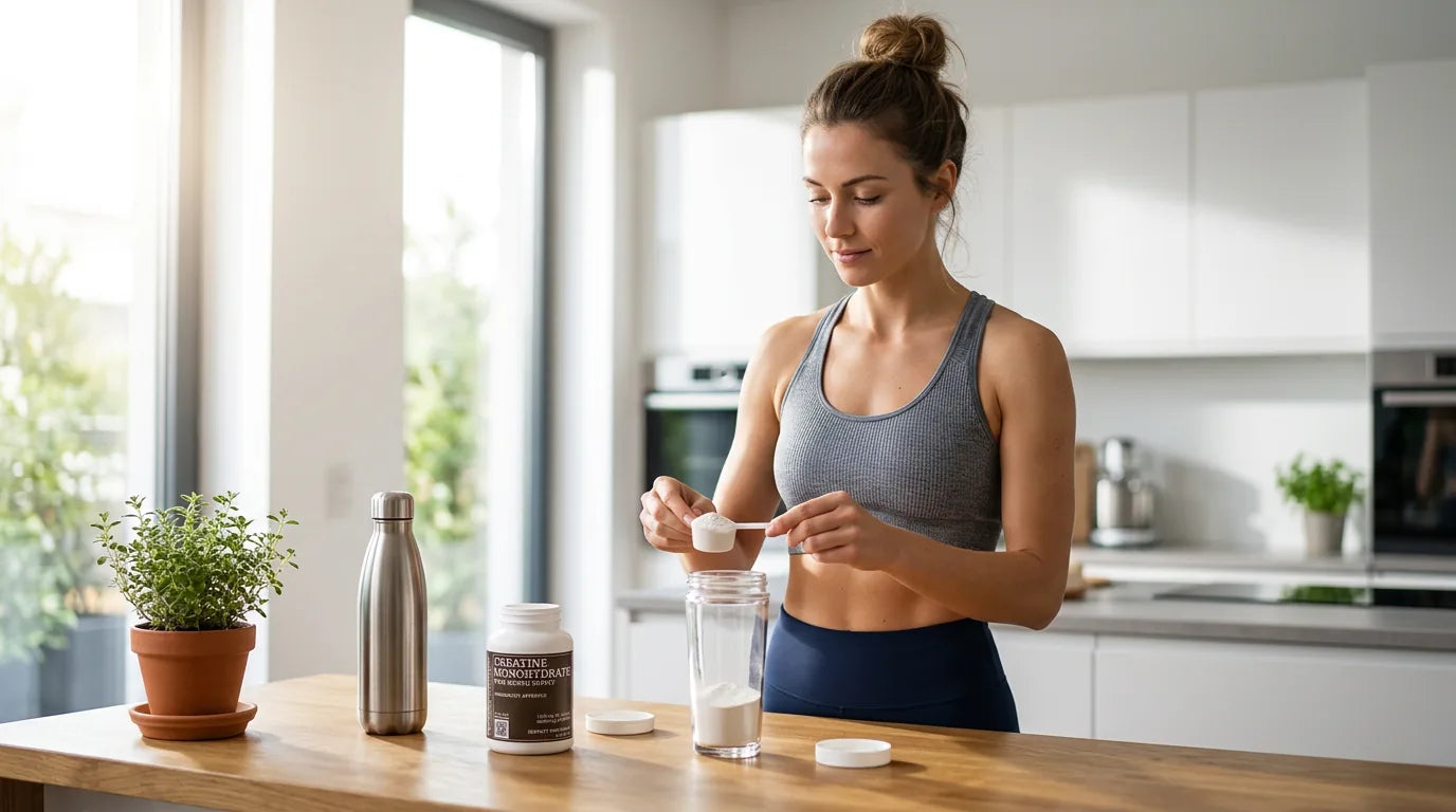Woman measuring a precise creatine dose in a sunlit kitchen