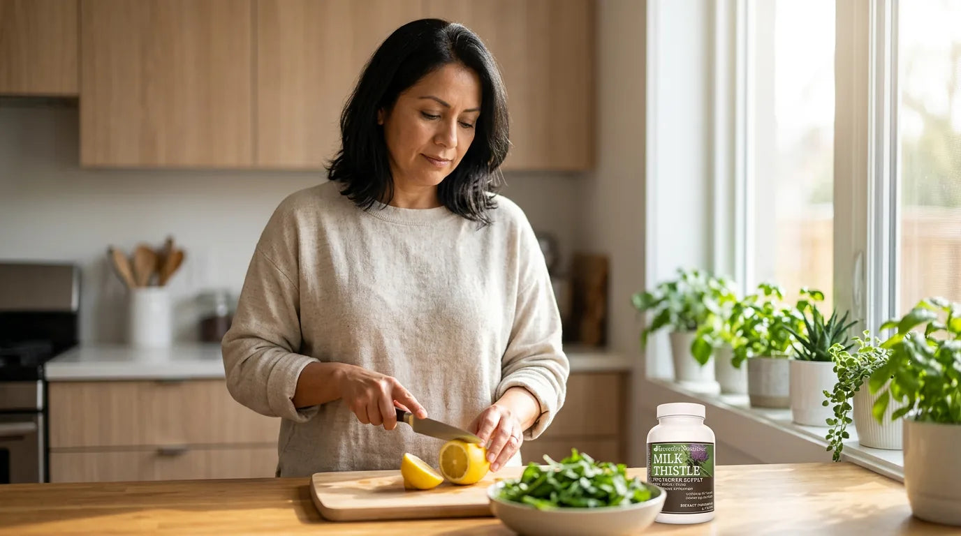 Woman in her 40s preparing fresh greens with milk thistle supplement for fatty liver support