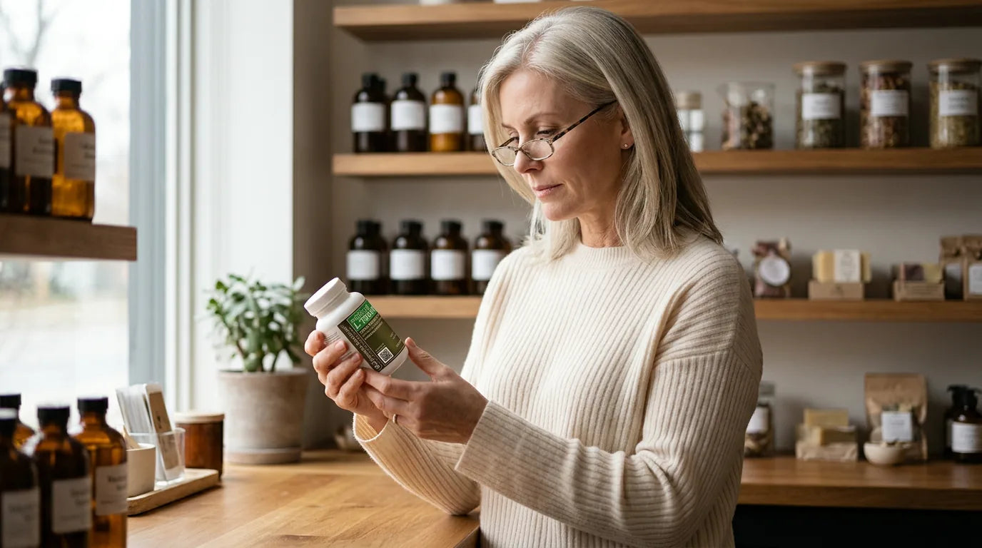 Woman carefully reviewing L-Theanine supplement label at apothecary