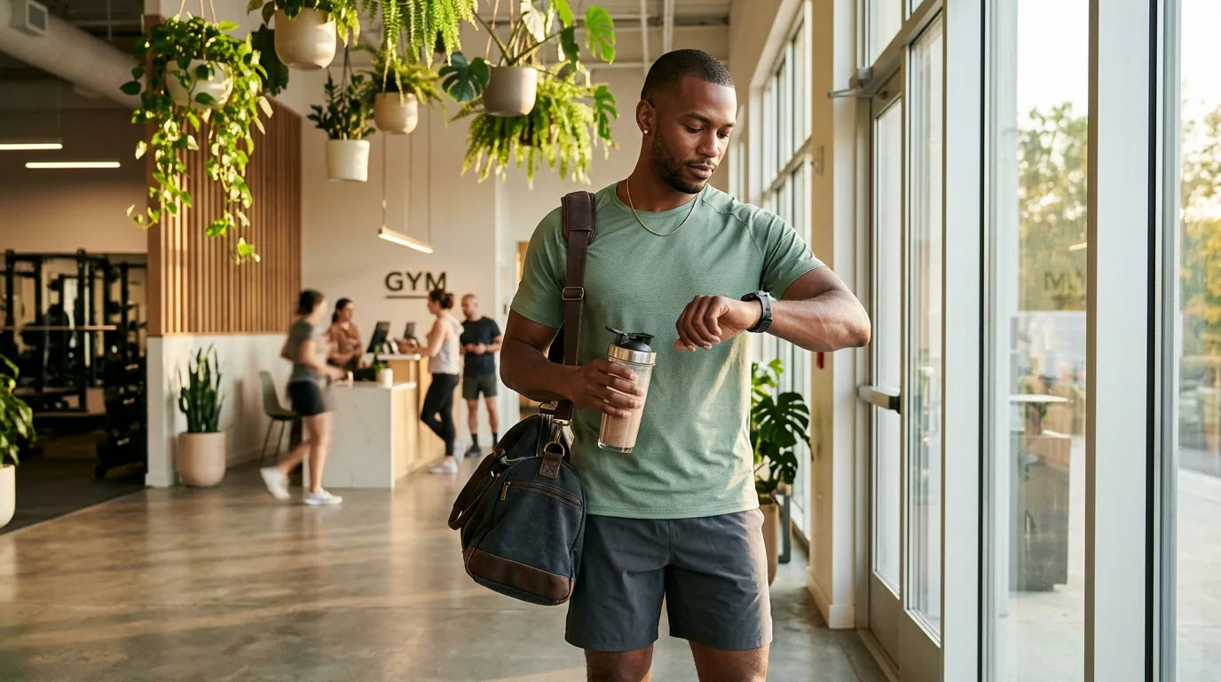 Man checking timing with a creatine shaker before a workout