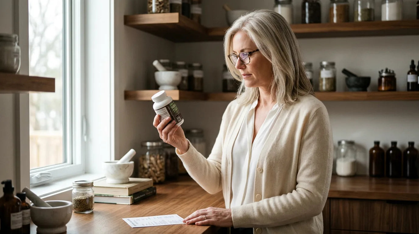 Woman carefully reviewing milk thistle supplement label and medication list
