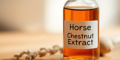 A bottle of horse chestnut extract serum next to fresh horse chestnuts.