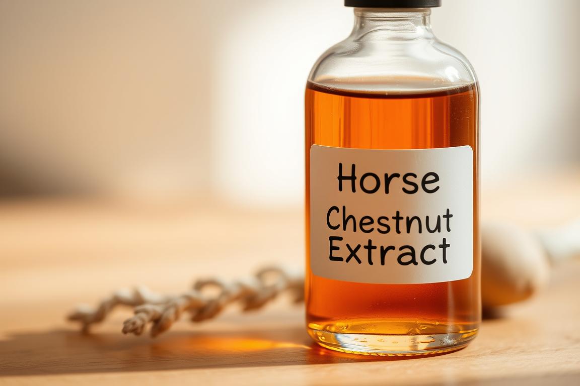 A bottle of horse chestnut extract serum next to fresh horse chestnuts.