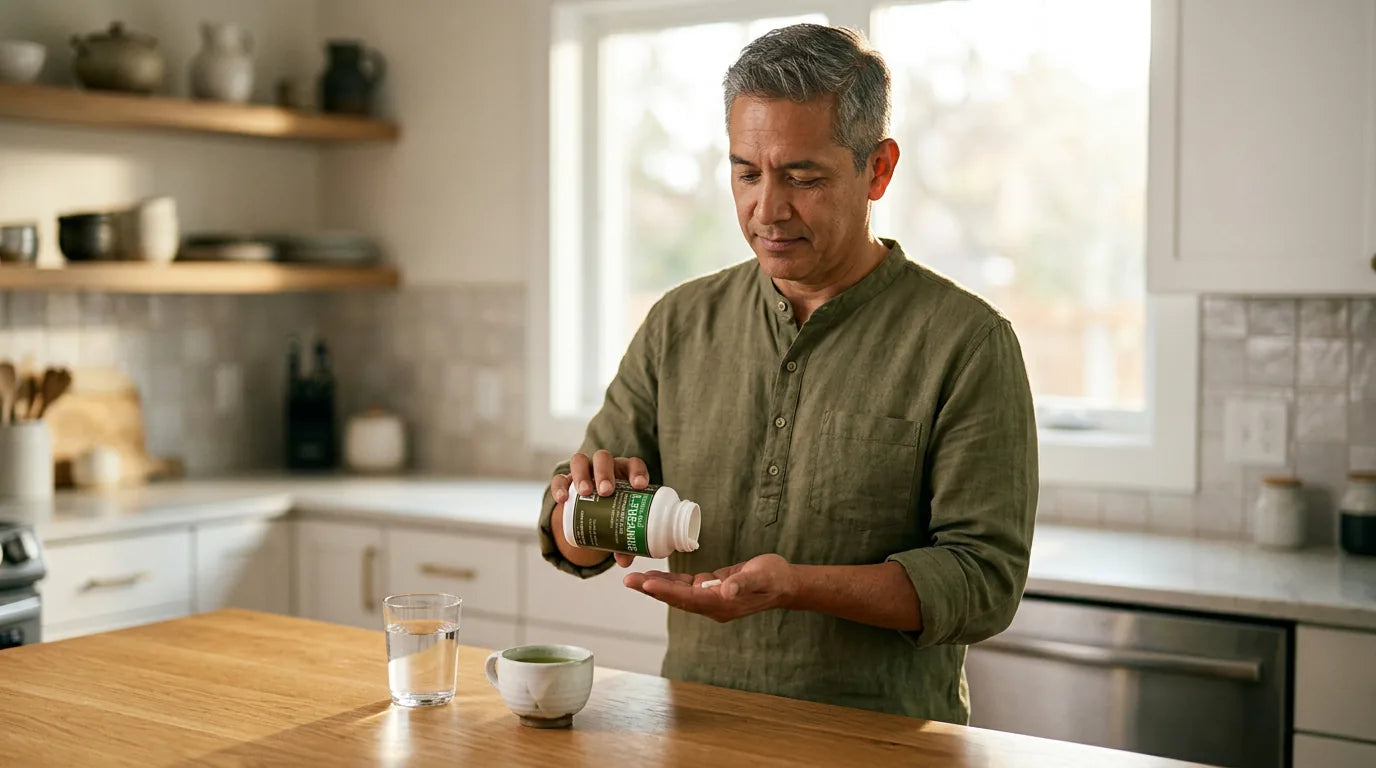 Man carefully measuring L-Theanine dose in sunlit kitchen