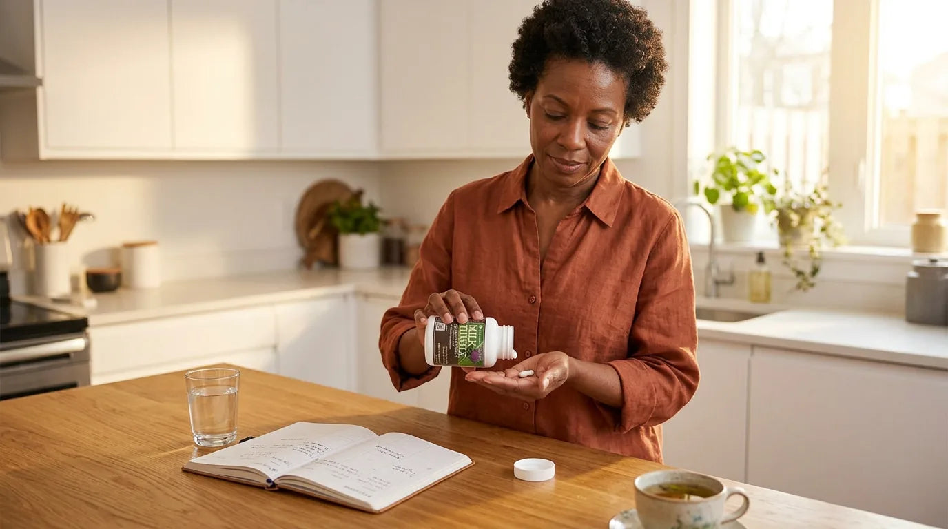 Woman carefully measuring milk thistle dose with daily planner