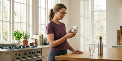 Woman carefully reviewing creatine supplement facts in a sunlit kitchen