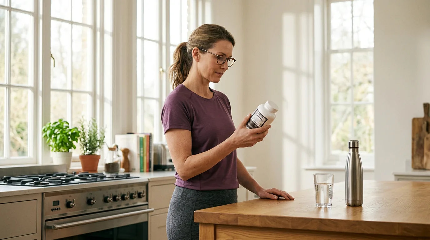Woman carefully reviewing creatine supplement facts in a sunlit kitchen