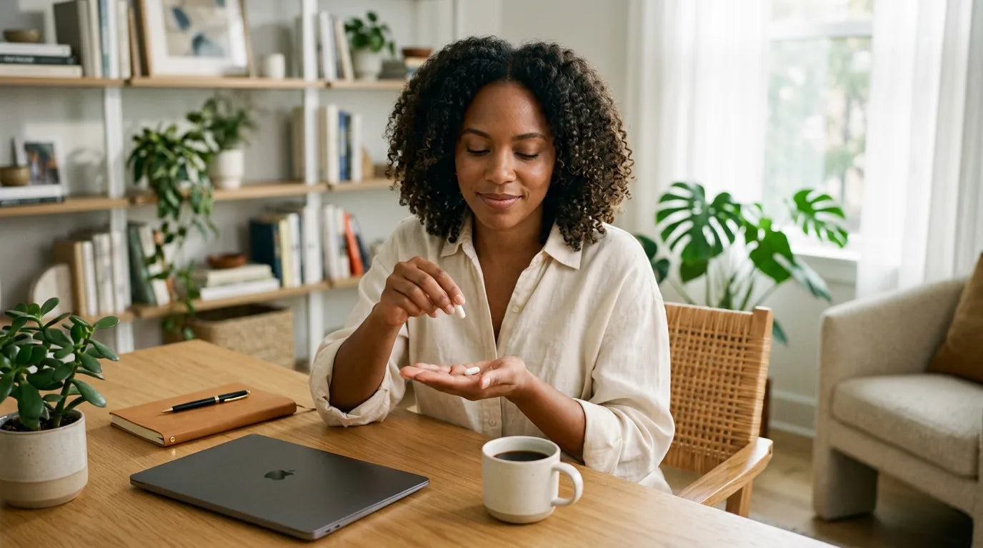 Woman starting focused workday with coffee and L-Theanine stack