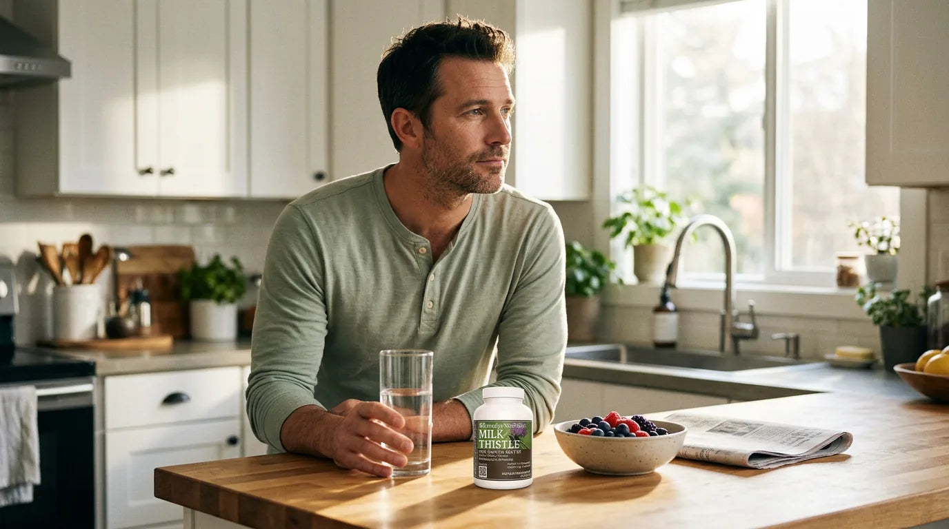 Man practicing recovery morning routine with hydration and milk thistle