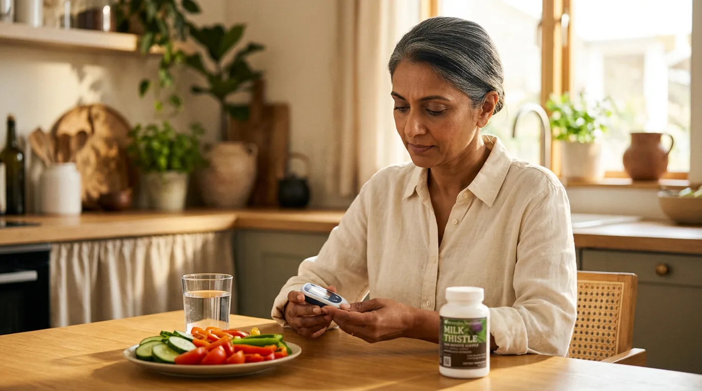 Woman managing blood sugar with glucose meter alongside milk thistle supplement