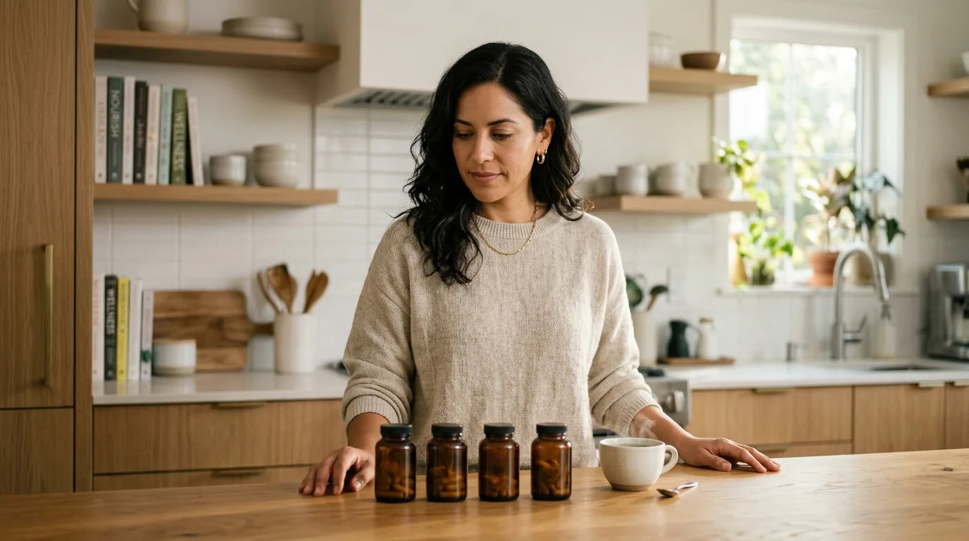 Woman comparing L-Theanine with other calming supplements at home