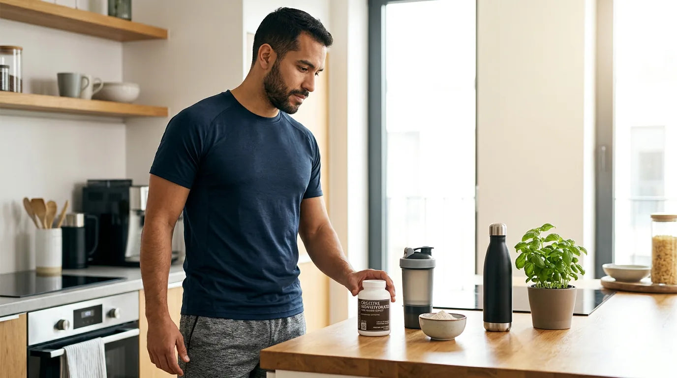 Man comparing creatine and protein supplement options at home